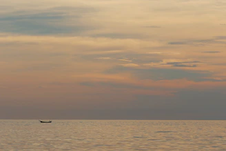 Wide-angle view of a boat cutting through calm, sunlit waters under a vast open sky at dusk.