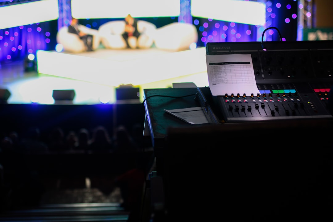 bokeh shot of black audio mixer, Sound and lighting board