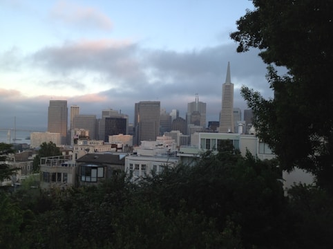 A dynamic cityscape of downtown San Francisco with sleek office towers and bustling streets.