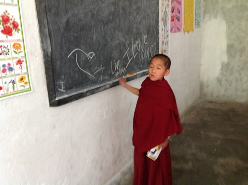 A young person in a red robe is standing by a chalkboard with writings and drawings, such as 'Live to love' and a heart shape. The wall in the background features colorful educational posters with images of flowers and anatomical diagrams.