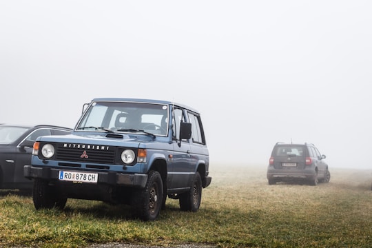 Several vehicles are parked on a grassy field under foggy conditions. A blue Mitsubishi SUV is in the foreground with visible license plates, while other cars are further in the background, partially obscured by the fog. The mood is quiet and atmospheric, with limited visibility due to the dense mist.