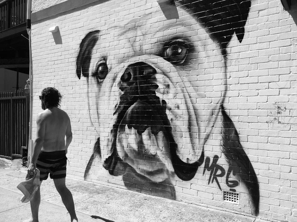 A white bulldog painted on a brick wall.
