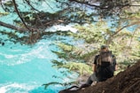 A person with a backpack sits on a cliff's edge overlooking a serene, turquoise ocean. Sunlight filters through the trees, casting dappled shadows on the ground. The scene captures a sense of solitude and connection with nature.