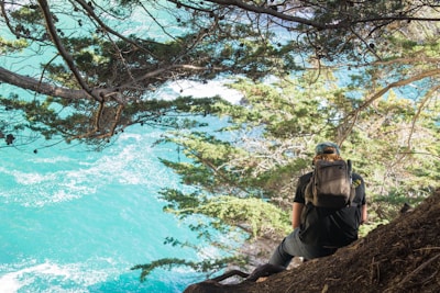 A person with a backpack sits on a cliff's edge overlooking a serene, turquoise ocean. Sunlight filters through the trees, casting dappled shadows on the ground. The scene captures a sense of solitude and connection with nature.