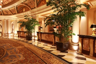 A lavishly decorated interior with ornate ceilings and marble floors. Tall potted plants line the corridor, and elegant lamps sit on intricately designed wooden tables. The lighting is warm, adding a luxurious feel to the space.