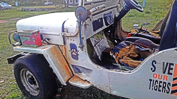A vintage, rusted white jeep is parked on a grassy area. The interior is worn and the seats are tattered. A colorful metal box is placed on the fender. The side of the jeep has a 'Save Our Tigers' sticker. The vehicle appears neglected and abandoned.