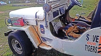 A vintage, rusted white jeep is parked on a grassy area. The interior is worn and the seats are tattered. A colorful metal box is placed on the fender. The side of the jeep has a 'Save Our Tigers' sticker. The vehicle appears neglected and abandoned.