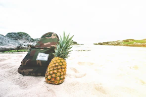 A soft-focus close-up of a vintage backpack resting against a sandy beach backdrop.