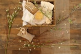 bathroom essentials on wooden crate