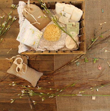 bathroom essentials on wooden crate