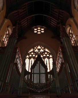 An intricately designed pipe organ with ornate wooden carvings is illuminated by the light filtering through stained glass windows. The grand architecture features high vaulted ceilings and gothic arches, creating a dramatic and awe-inspiring atmosphere.