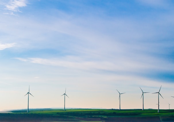 white windmills on green grass field under white clouds and blue sky