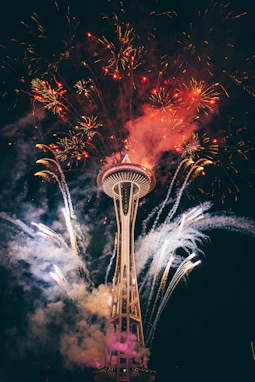 Space Needle, Seattle surrounded by fireworks
