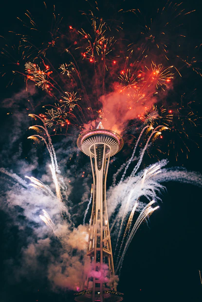 Space Needle, Seattle surrounded by fireworks