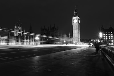 landscape photography of Big Ben London in gray scale
