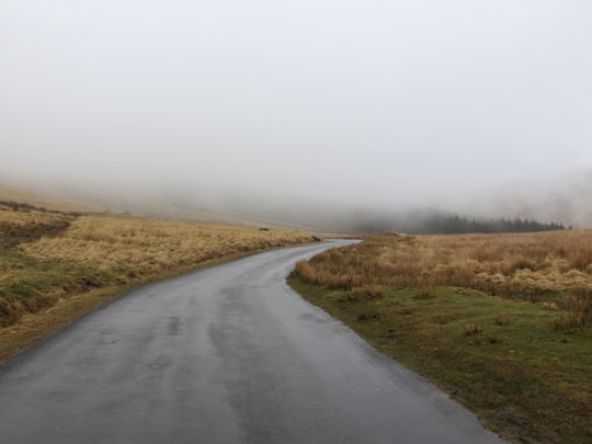 concrete road leading to misty forest in Brecon United Kingdom