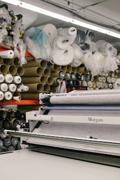 assorted rolled fabrics on display