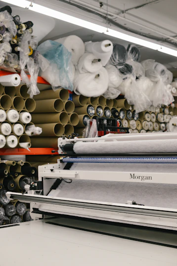 assorted rolled fabrics on display