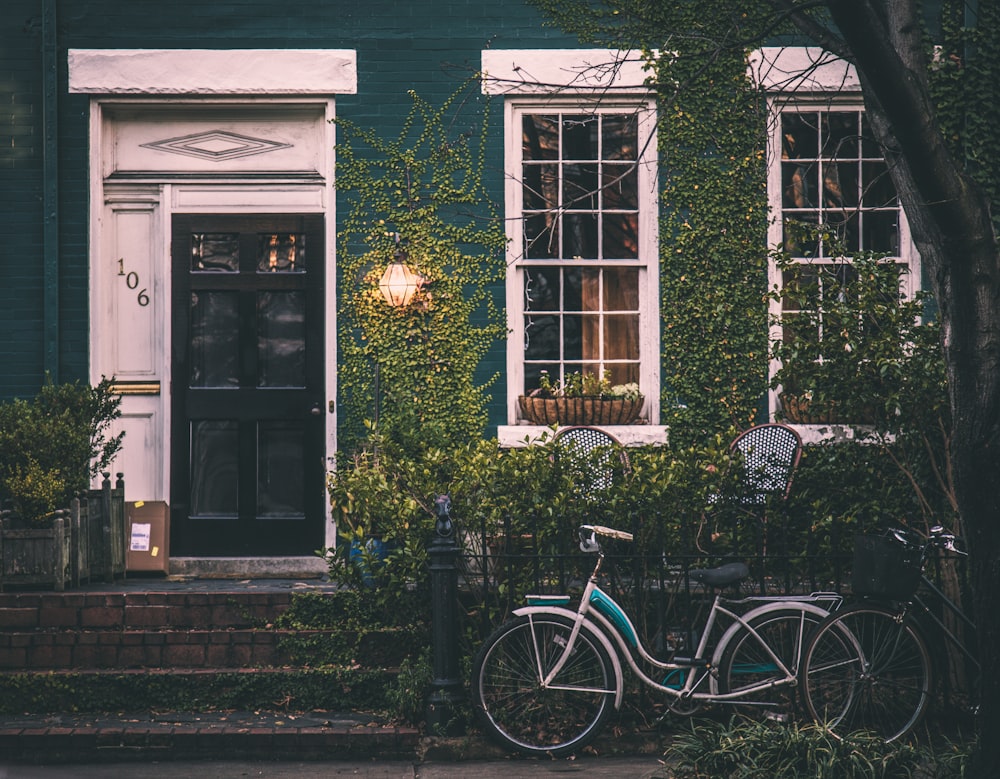 white and blue bicycle beside green leafed plants