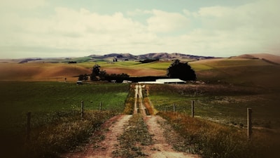 A rural landscape with a dirt road leading through green and brown fields towards a small group of buildings and trees. Rolling hills are visible in the background under a partly cloudy sky.
