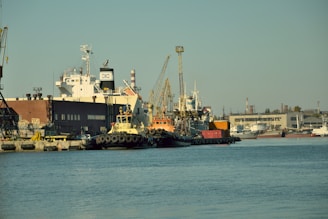 A bustling port area featuring several docked ships and tugboats. A large cargo vessel is prominent in the background, with industrial buildings and cranes creating a busy atmosphere. Shipping containers are stacked along the dock, and the water is calm under a clear sky.