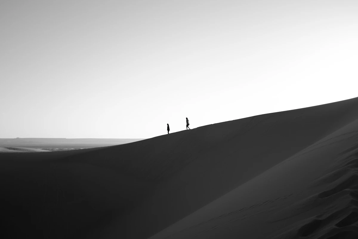 Silhouette of two travelers against the horizon