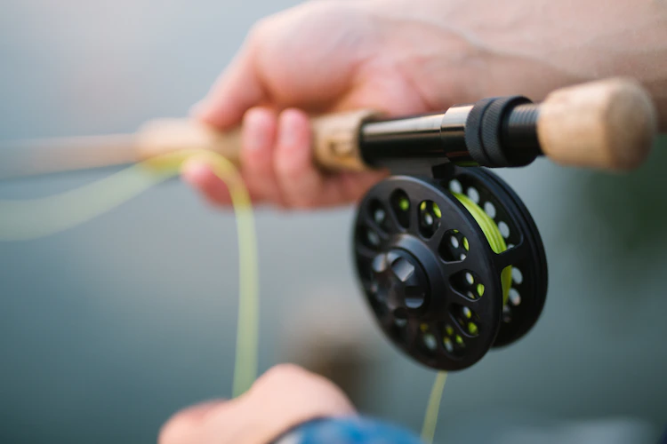 Close-up of two hands on a cork-gripped fly rod above a black ported fly reel spooled with chartreuse fly line, background blurred out