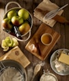 flat lay photography of mug on brown wooden chopping board