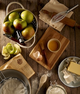 flat lay photography of mug on brown wooden chopping board