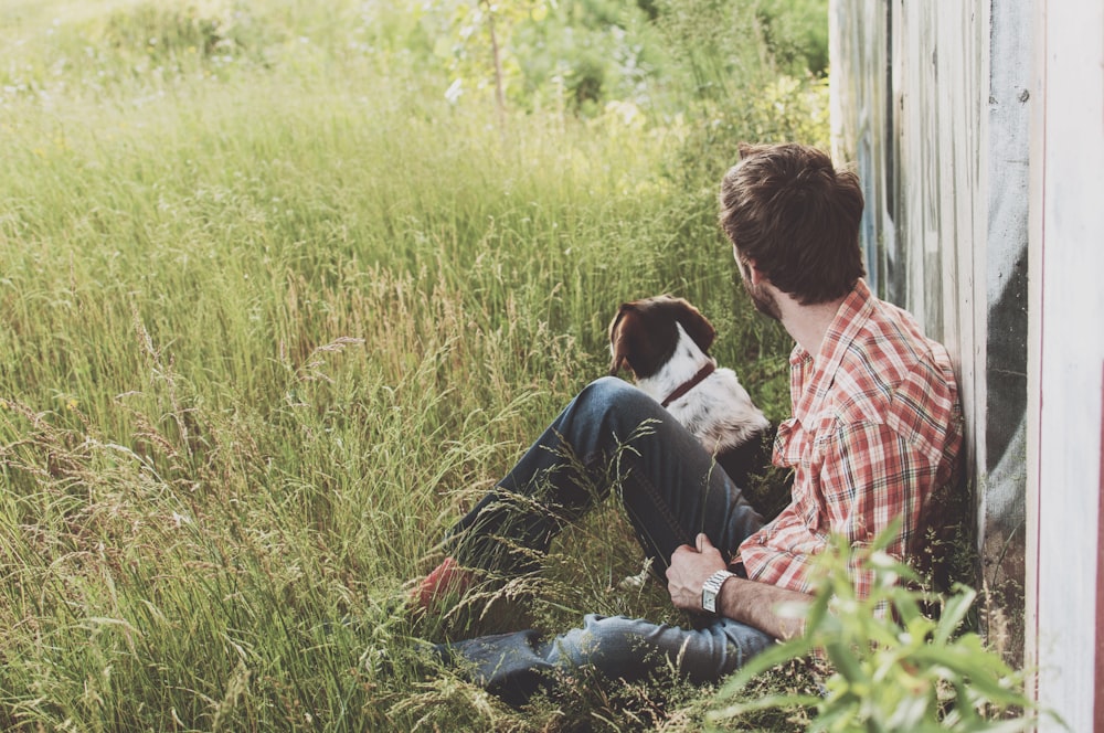 homme assis sur l’herbe verte avec un chien blanc et noir