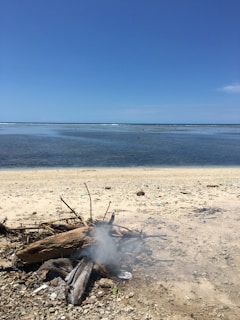 A serene beach scene with a small campfire burning on the sandy shore. Smoke is rising from the fire, and the beach is scattered with driftwood and debris. The calm, clear ocean stretches to the horizon, meeting a bright blue sky.