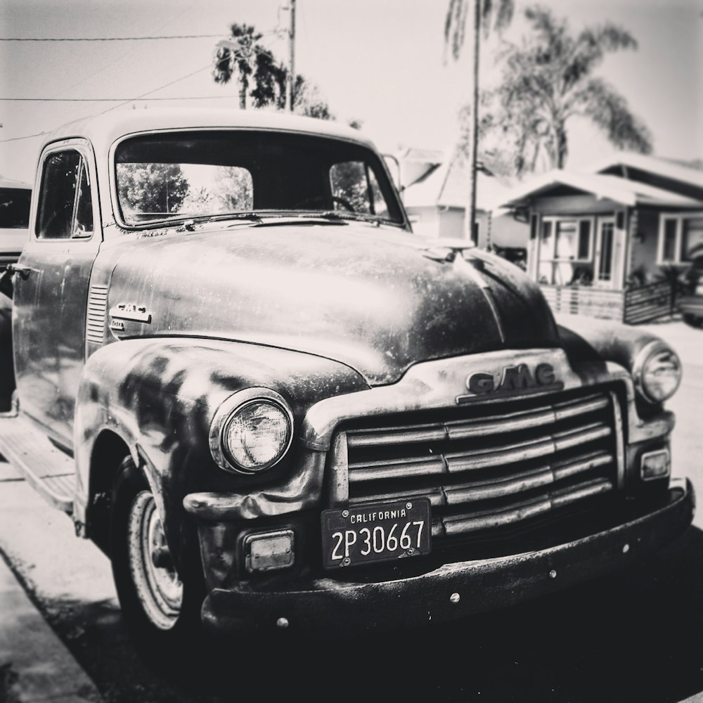 grayscale photography of car