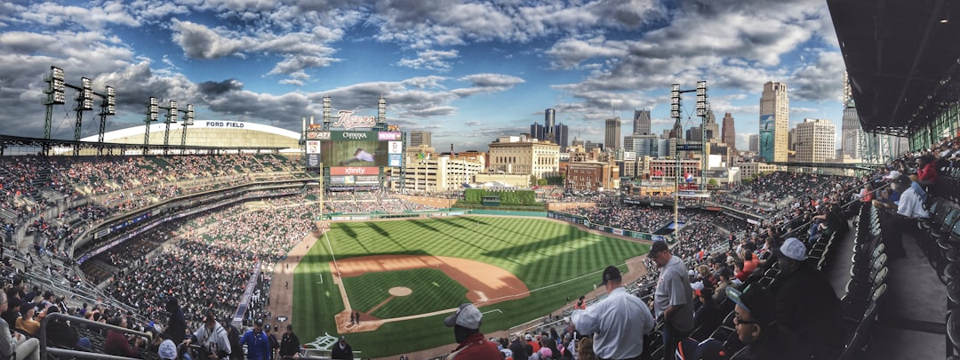 persons on game field stadium, comerica-park-corner-shot