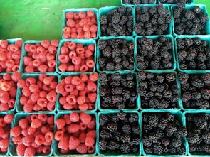An array of berry containers filled with fresh raspberries and blackberries are neatly arranged in rows. The containers are light blue, contrasting with the vibrant red and dark purple berries. The background features a green surface, enhancing the colorful display of the fruit.