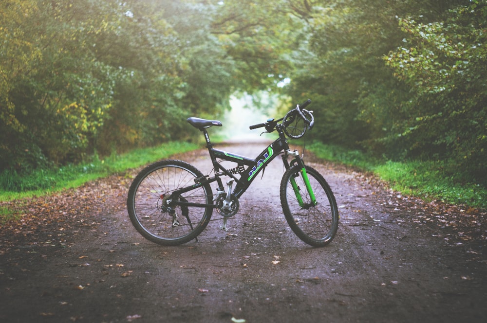 green and black full-suspension bicycle park on center of pathway during day time