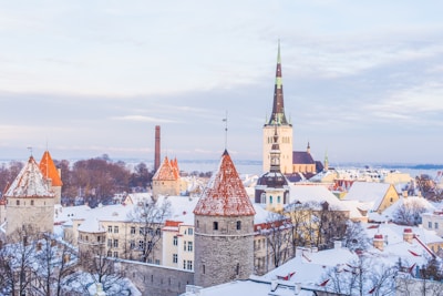 snow covered brown, white, and gray concrete castle under cloudy skies