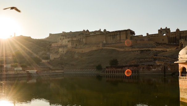 A panoramic shot of the historic forts and palaces of Rajasthan bathed in warm golden sunlight.