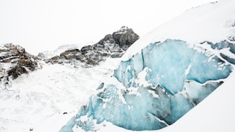 A landscape showcasing a large glacier with a striking blue hue amidst a backdrop of snowy mountains. The glacier's textured surface is prominent, contrasting with rugged, snow-capped peaks under an overcast sky.