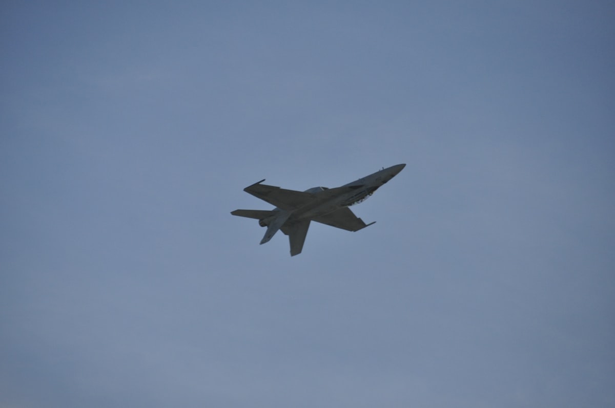 Military fighter jet flying against a clear blue sky