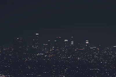 Night view of the city skyline with illuminated buildings and streets