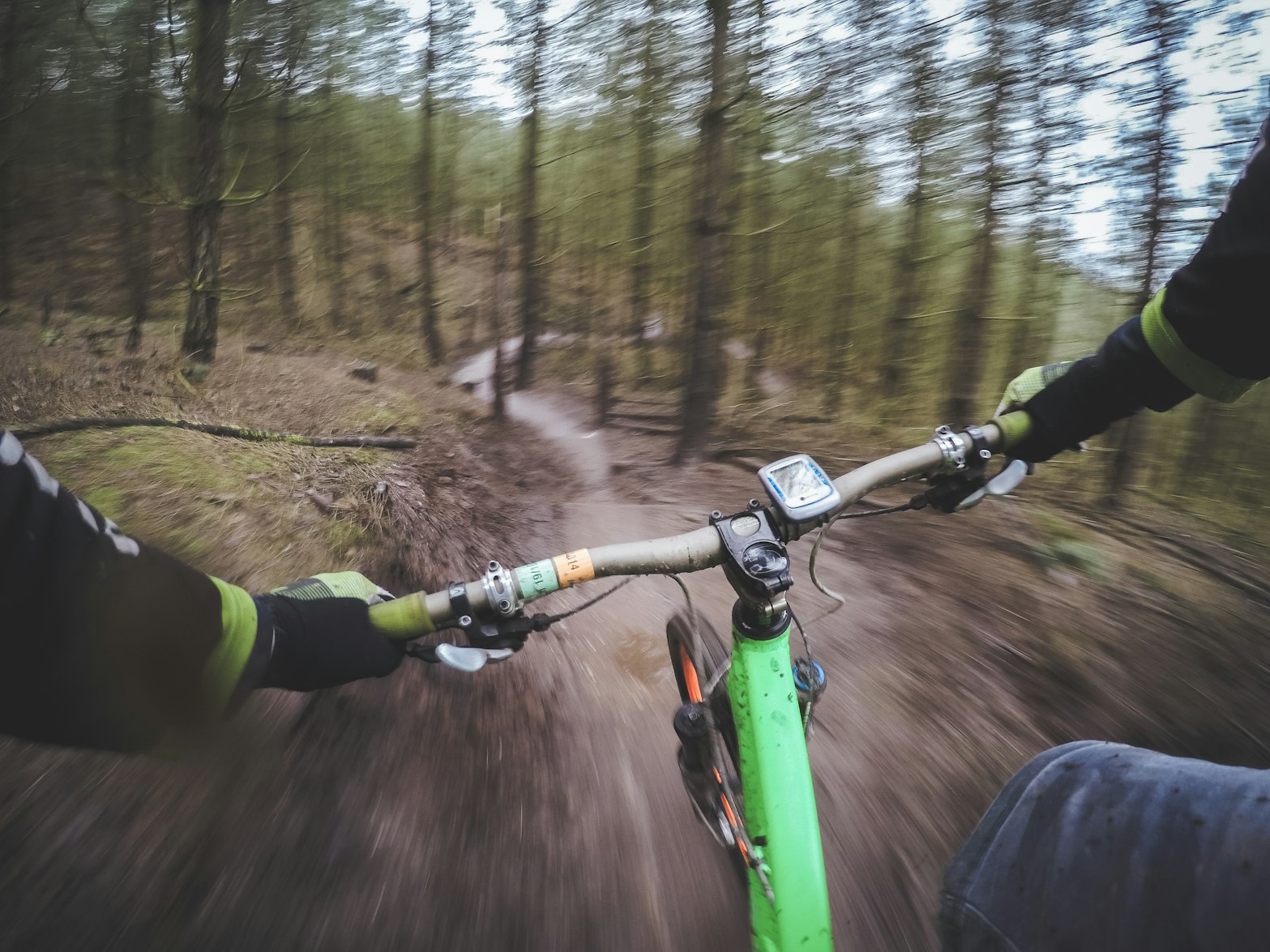 A green bike riding through the woods