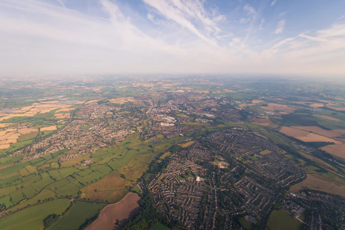 Aerial view of English countryside town - Grid Stays coverage area Milton Keynes and surrounding areas