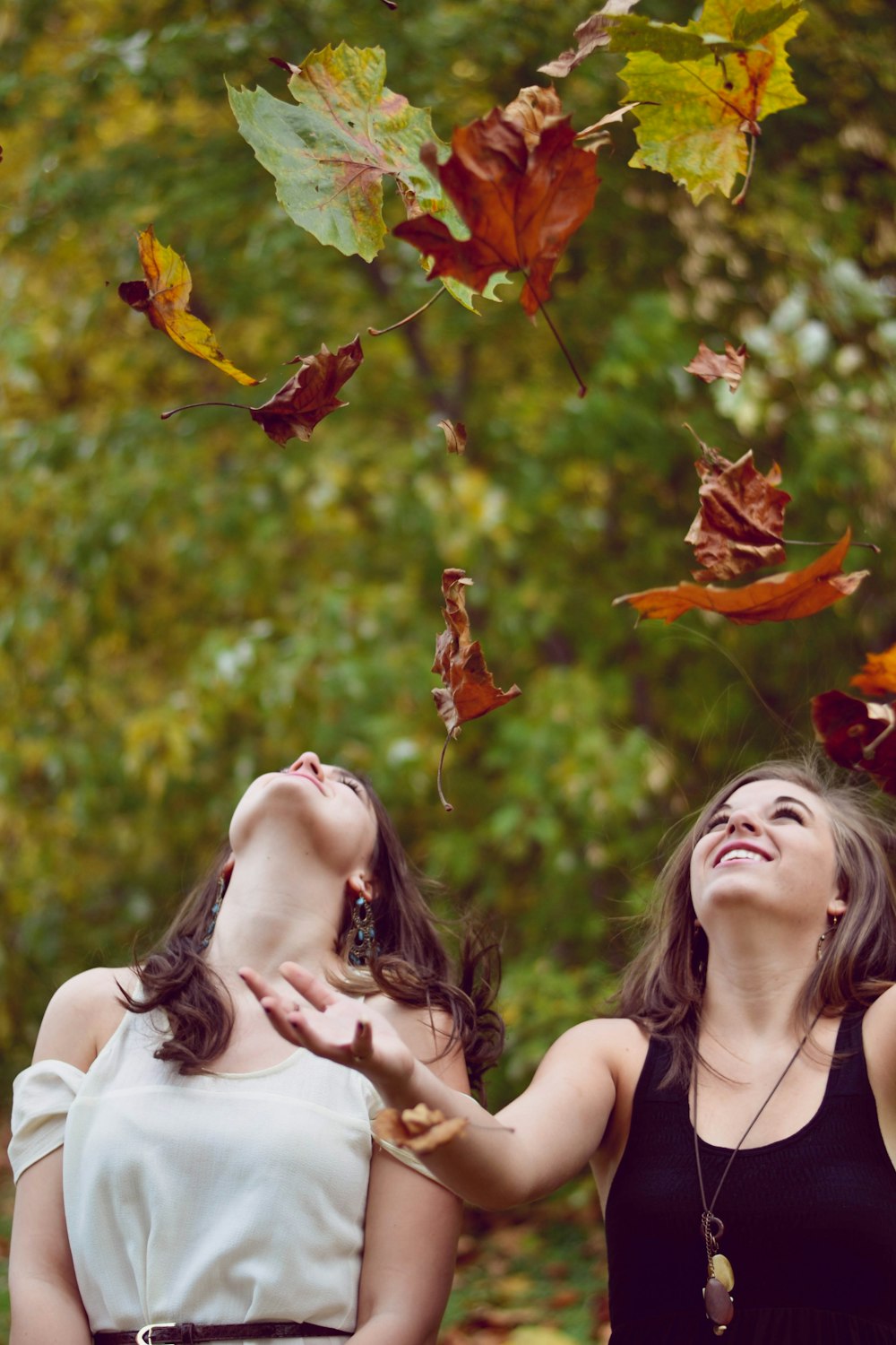 photo of two women throwing leaves during daytime