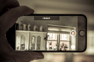 A person is holding a smartphone, capturing an image of an indoor scene. The scene includes a cupboard with decorative jars on top, a window with natural light streaming in, and a plant next to the window. The phone screen displays a recording interface with a timestamp and control buttons.