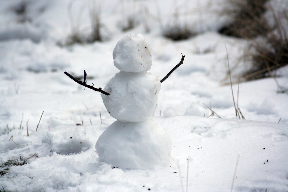photo of snowman with stick hands on snow filed