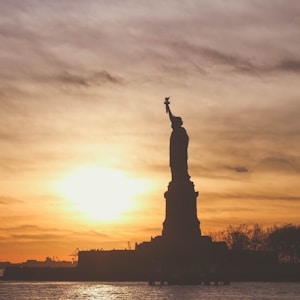 silhouette photo of Statue of Liberty during golden hour