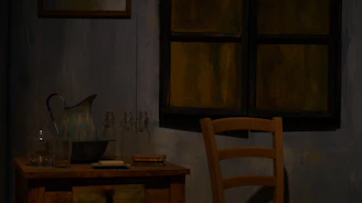 A dimly lit room featuring a sturdy wooden milking table with leather straps, set against a backdrop of dark industrial decor.