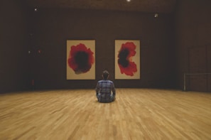 A person sits on a wooden floor in a dimly lit room, facing two large abstract paintings that feature red and black color schemes. The paintings are symmetrically hung on a textured, dark wall. The person is wearing a plaid shirt and is seated in a contemplative posture.