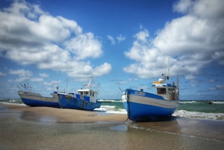 three blue boat docked on seashore during daytime