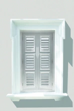 Elegant white shutters framing a sunny kitchen window with soft beige walls.